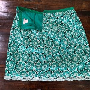 J Crew fully lined embroidered kelly green mini skirt.